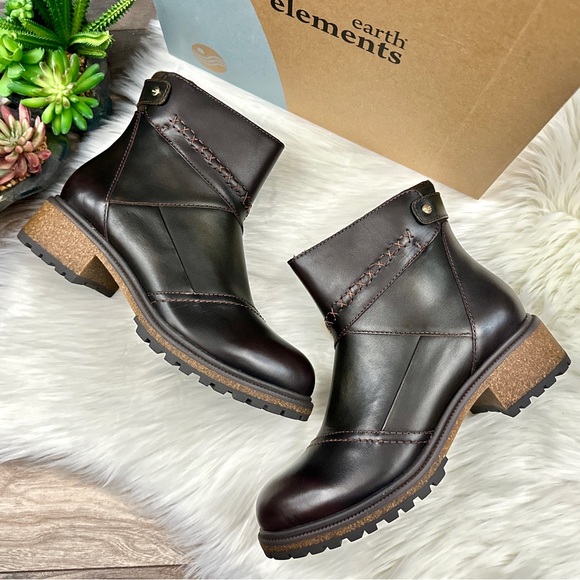 NIB Earth Elements Taylen Boot Bootie Lug Sole Patchwork Leather Walnut - Picture 2 of 14